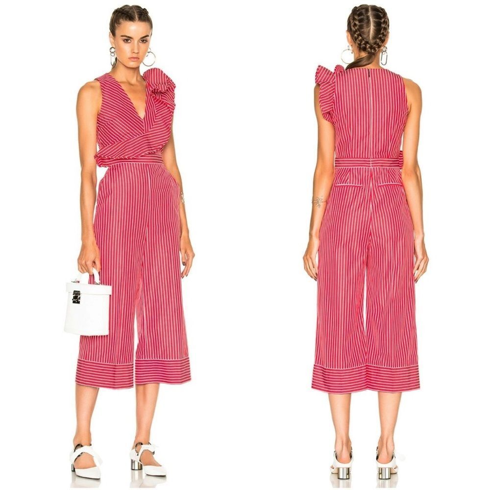 MSGM Milano Sleeveless Striped Cropped Poplin Jumpsuit Red and White Size 42